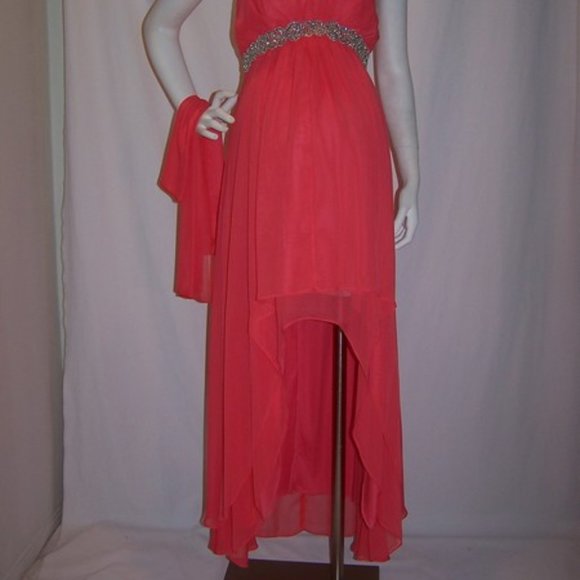 Misses Hi-Lo Chiffon Dress Strapless Rhines Coral - Picture 3 of 6